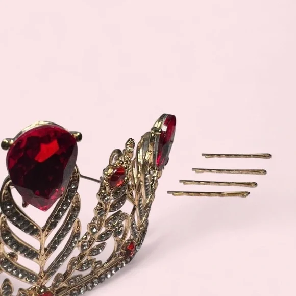 👑 Gold Baroque Crystal Crown | Red Gem Tiara - Picture 5 of 8